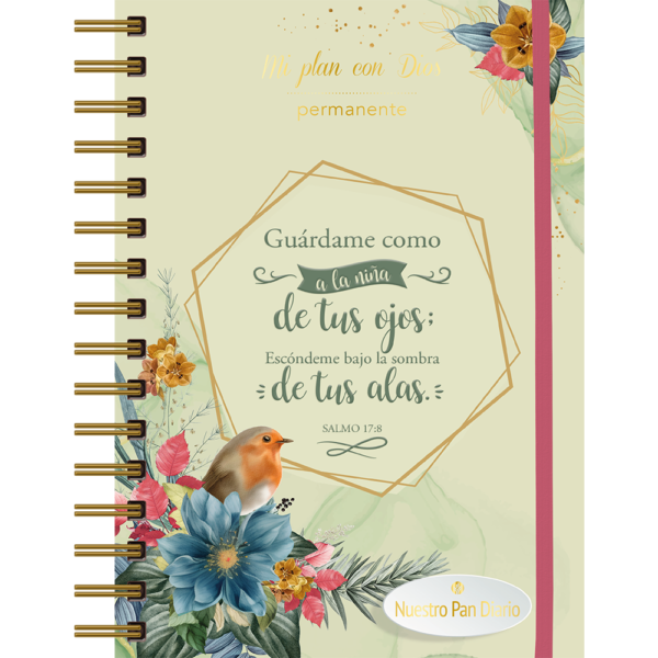 Este planificador te ayudará a organizar las tareas diarias, tener la perspectiva correcta sobre lo que es realmente importante y mantenerte enfocada en tus objetivos mientras das gracias por las bendiciones que Dios te concede. Las meditaciones diarias te guiaran en tu andar cristiano, ayudándote a crecer en la fe y animándote a presentarle todo a Dios en oración. Podrás hacer una lista de tus tareas y definir tus planes y metas espirituales. Versículo: Guárdame como a la niña de tus ojos; Escóndeme bajo la sombra de tus alas. - Salmos 17:8. Separados cada mes: Motivos de oración. Planificador mensual. Metas, tareas del mes. Metas espirituales. Pegatinas. Meditación diaria con aplicación personal, gratitud y oración. Encuadernado con espiral metálico. Goma elástica para su cierre.